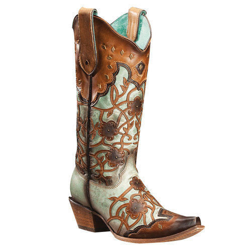 Corral Women's Mint Maple Flowers Overlay and Studs C3176 - Saratoga Saddlery & International Boutiques