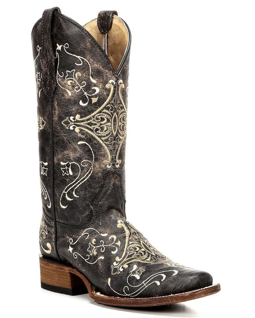 Embroidered square cheap toe boots
