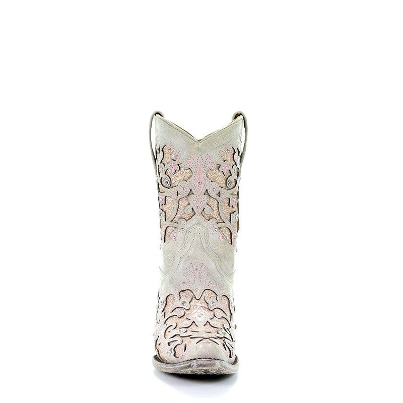 Corral Wedding Collection Women's Mariah White with Pink Glitter Inlay Shorty Boot - A3558 - Saratoga Saddlery & International Boutiques