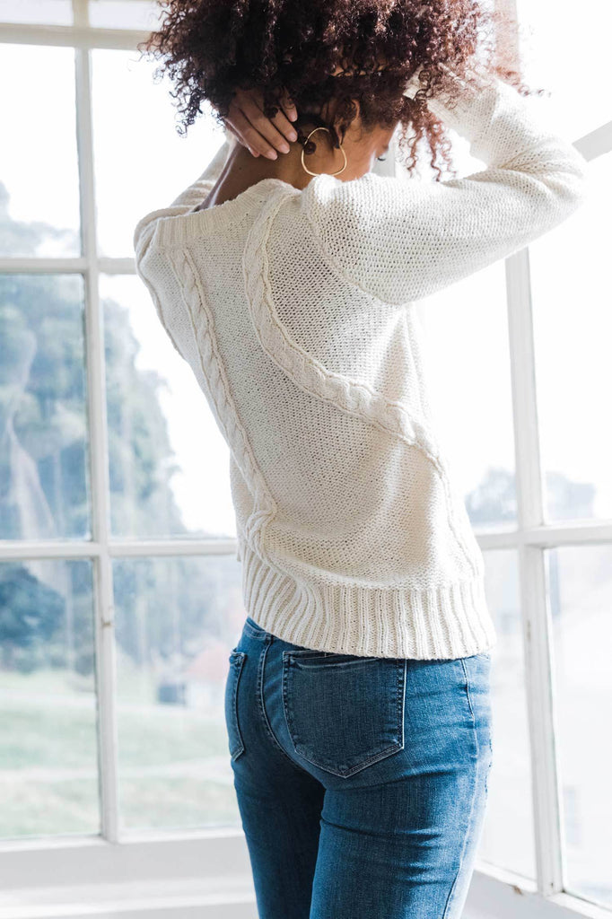 Indigenous Womens Ivory Frise Cable Crew Sweater - Saratoga Saddlery & International Boutiques