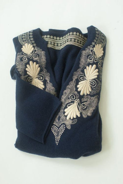 IsleField Isla Notch Neck Tunic Embroidered Top in Navy