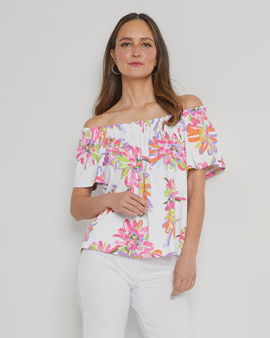 Pink & White Women's Summer Top Jude Connally in Floral White - Saratoga Saddlery & International Boutiques
