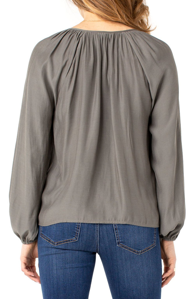 LIVERPOOL Women's Blouse SHIRRED BLOUSE in Olive WITH NECK TIES - Saratoga Saddlery & International Boutiques