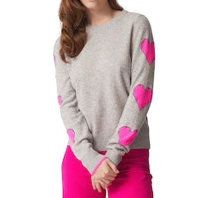 Bergen Cashmere Knit Sweater in Grey with Pink Hearts on Sleeve
