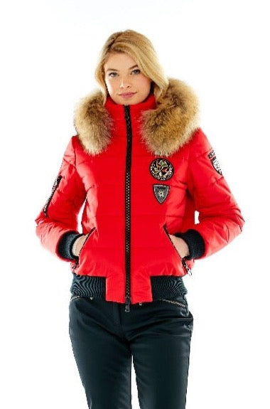 M. Miller Taryn Red Touring Patch Bomber Finn Raccoon ON SALE - Saratoga Saddlery & International Boutiques