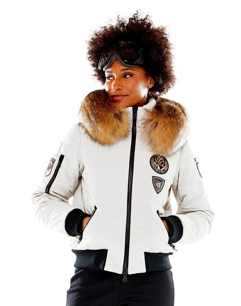 M. Miller Taryn White Touring Patch Bomber With Natural Finn Raccoon ON SALE - Saratoga Saddlery & International Boutiques