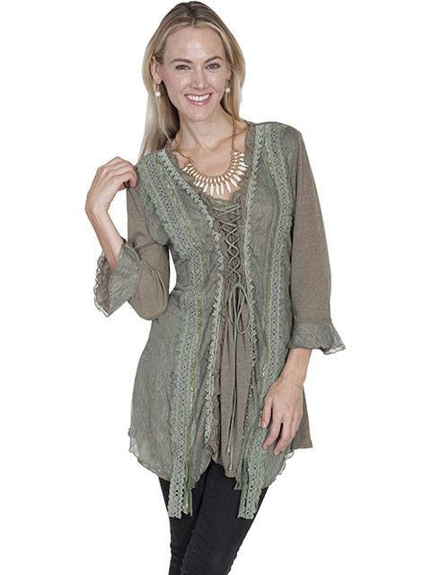 Scully Lace Front Knit Top in Sage - Saratoga Saddlery & International Boutiques