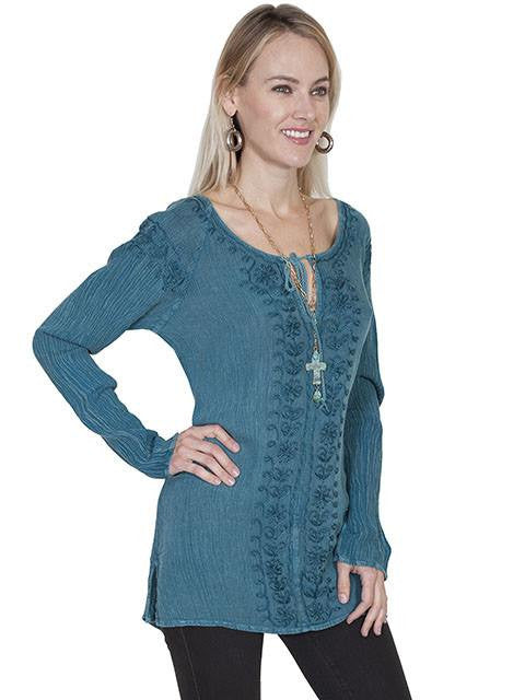 Scully Women's Embroidered Tie Front Blouse in Teal - Saratoga Saddlery & International Boutiques
