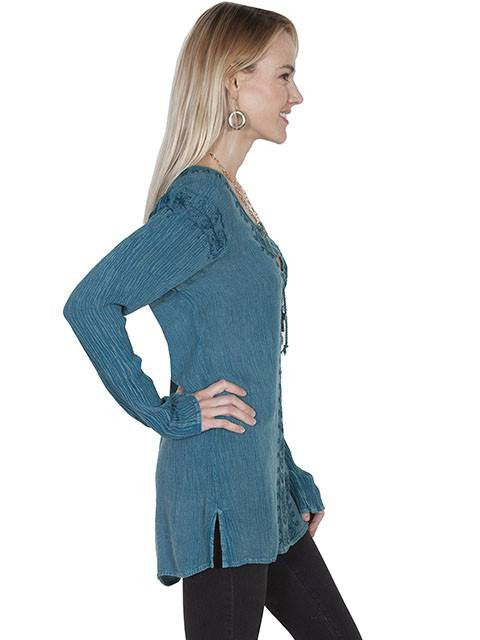 Scully Women's Embroidered Tie Front Blouse in Teal - Saratoga Saddlery & International Boutiques