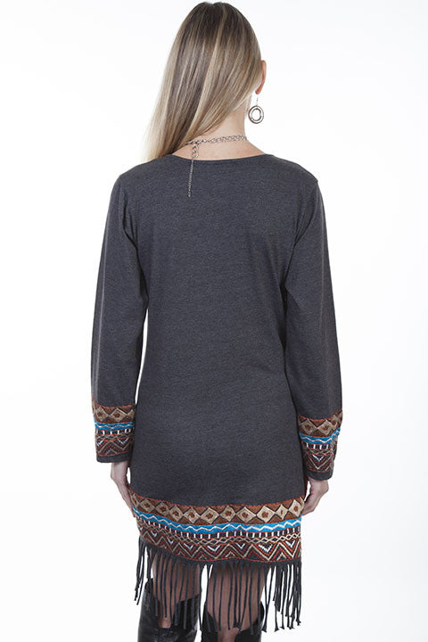 Scully Women's V-Neck Embroidered Fringe Dress in Grey - Saratoga Saddlery & International Boutiques