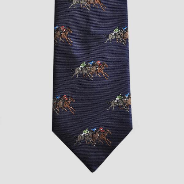 Seaward & Stearn Handmade Woven Silk Tie - At The Races - Navy - Saratoga Saddlery & International Boutiques