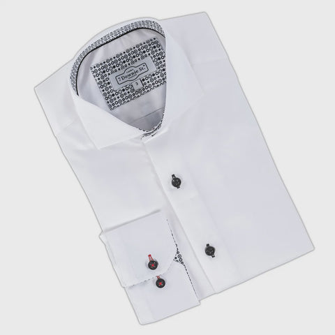 7 Downie Dress Shirt in Solid White with Navy Buttons Long Sleve