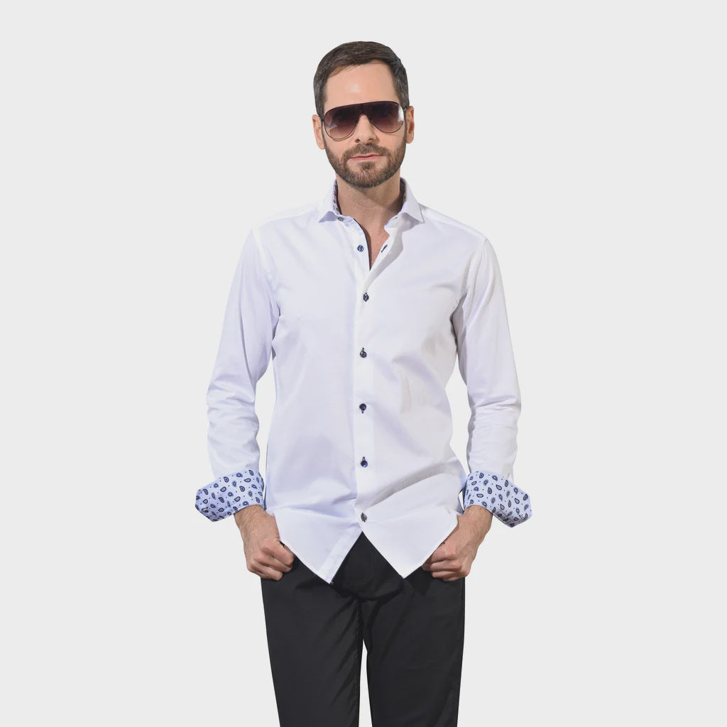 7 Downie Dress Shirt in Solid White with Navy Buttons Long Sleve