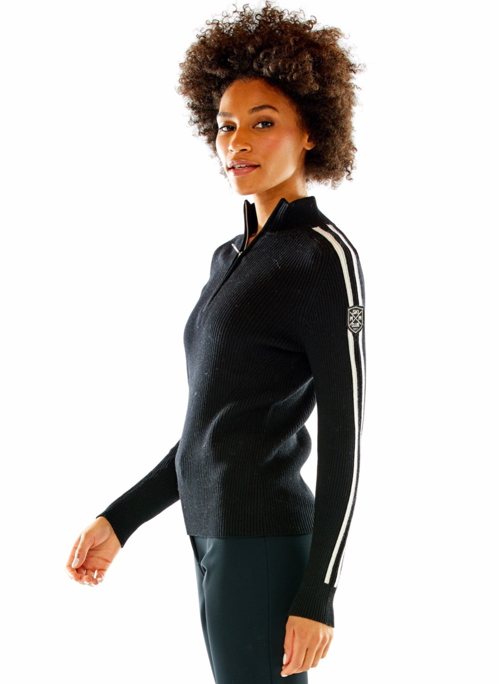M. Miller Women's Racer Stripe Merino Wool Half Zip in Black – Saratoga ...