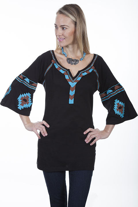 Scully Women's Split Neck Tunic with embroidery - Black - Saratoga Saddlery & International Boutiques