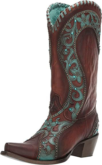 Corral Women's E1538 CHOCOLATE /TURQUOISE OVERLAY & WOVEN & CRYSTALS & STUDS - Saratoga Saddlery & International Boutiques