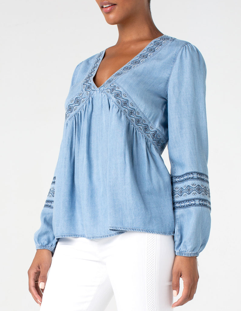 Liverpool Long Sleeve V-Neck Embroidered Peasant Top LM8018Y47E67 - Saratoga Saddlery & International Boutiques