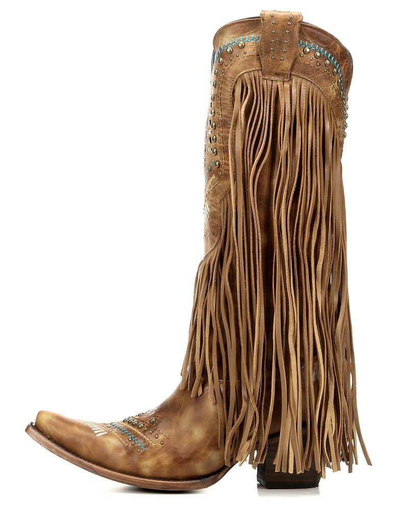 Corral C2910 Tan Multi Color Crystal Pattern and Fringe Boot - Saratoga Saddlery & International Boutiques