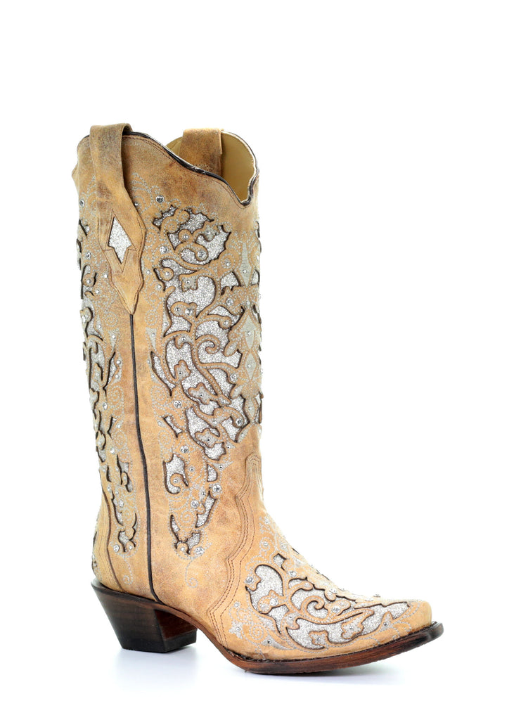 Corral Women's Tan Glitter Inlay Floral Embroidery Boots A3670 - Saratoga Saddlery & International Boutiques