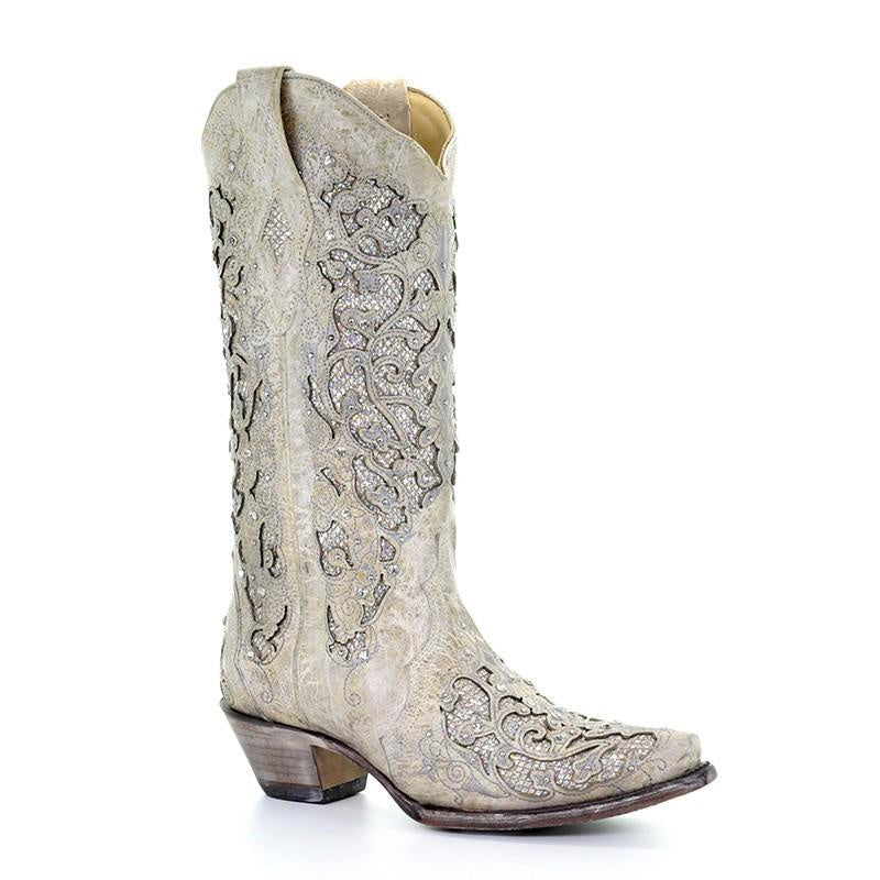Corral Women's Boot A3322 White Glitter Crystals Wedding Boot SS23 - Saratoga Saddlery & International Boutiques