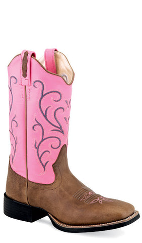 Jama Old West Youth Boot- Girls Tan Fry Foot/Pink Shaft