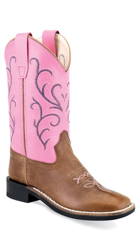 Jama Old West Youth Boot- Girls Tan Fry Foot/Pink Shaft